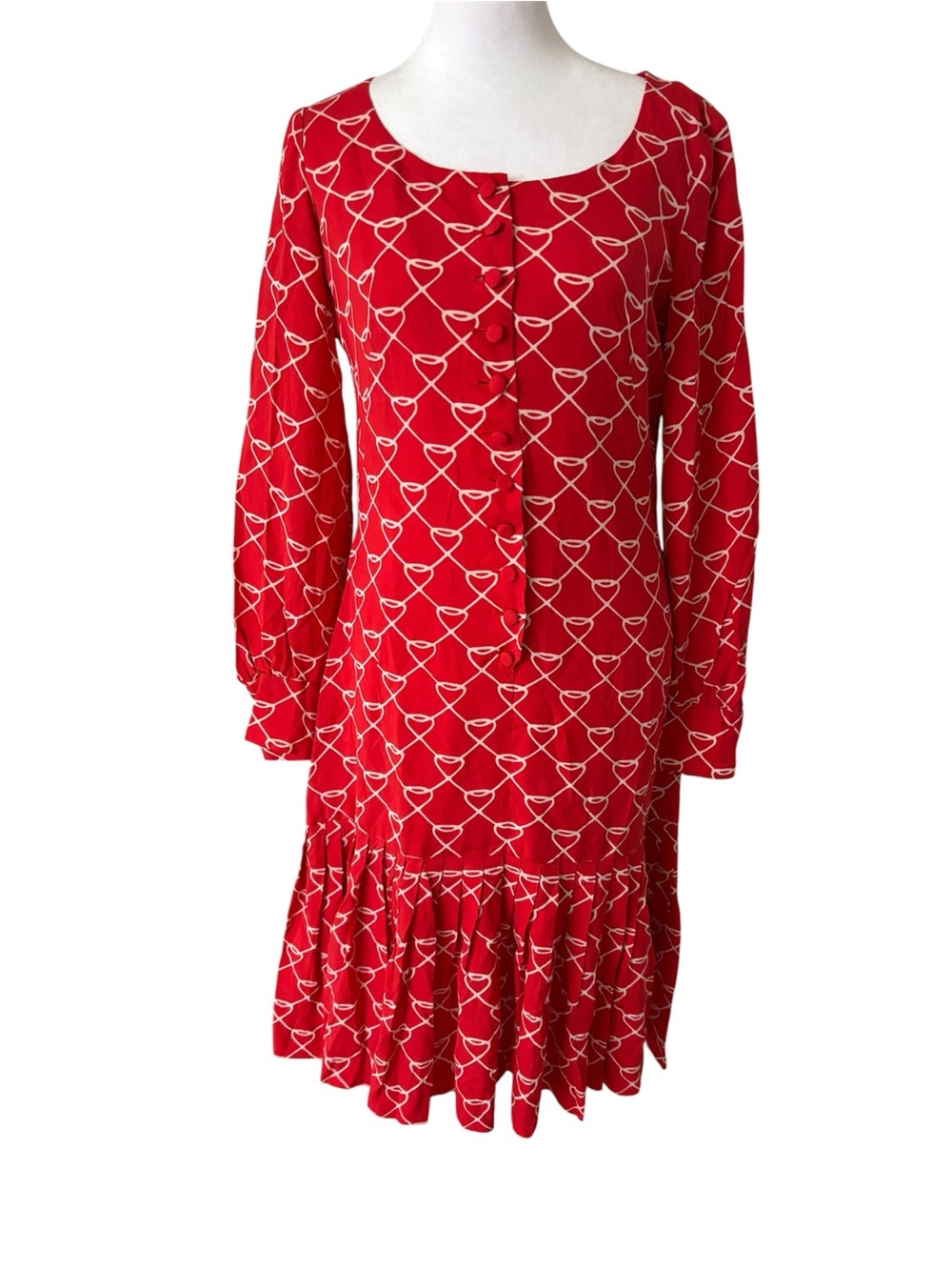 Vintage Red Long-Sleeve Printed Ruffle Hem Dress